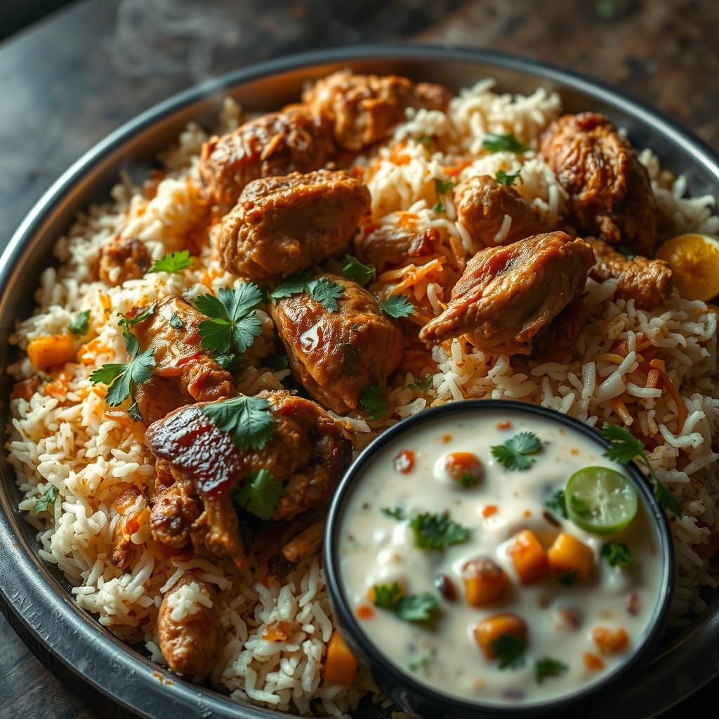 Chicken Biryani with Raita in Photorealistic Style