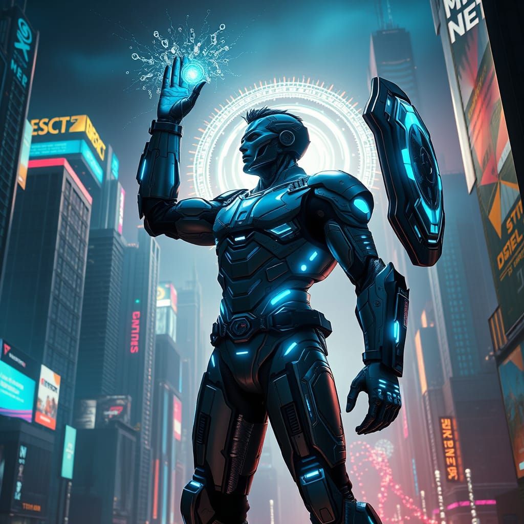 Cyberpunk Hero Emerges in Futuristic City