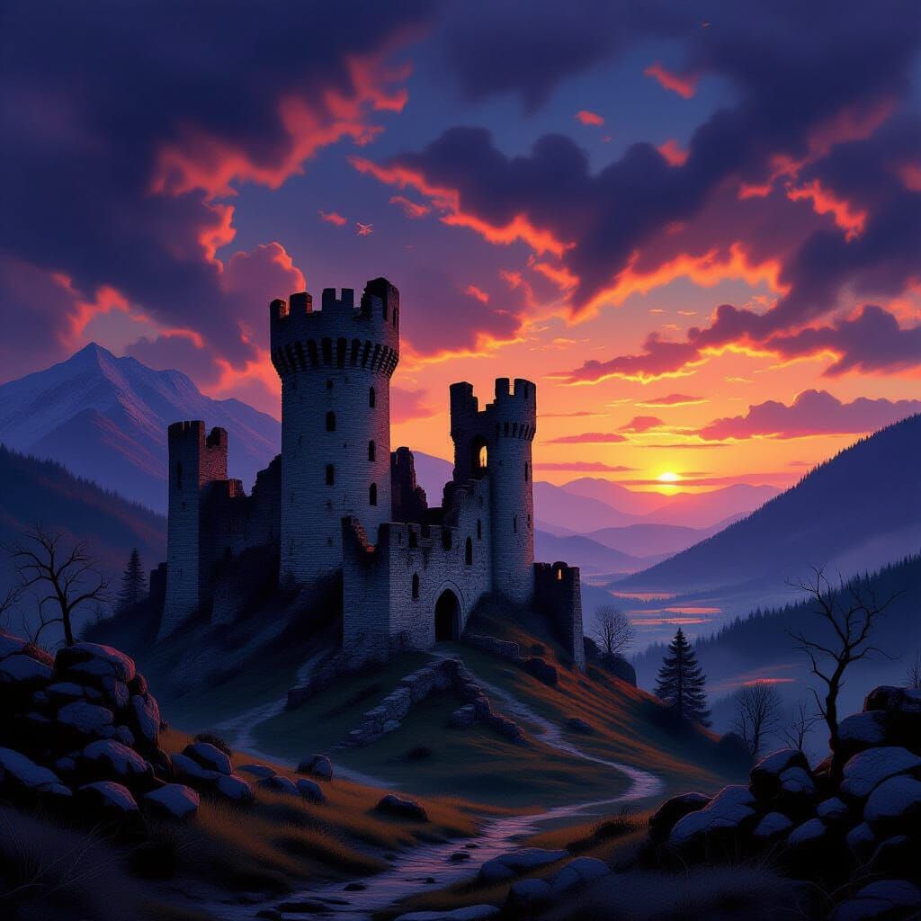 Ominous Austrian Dusk Landscape with Castle Ruins