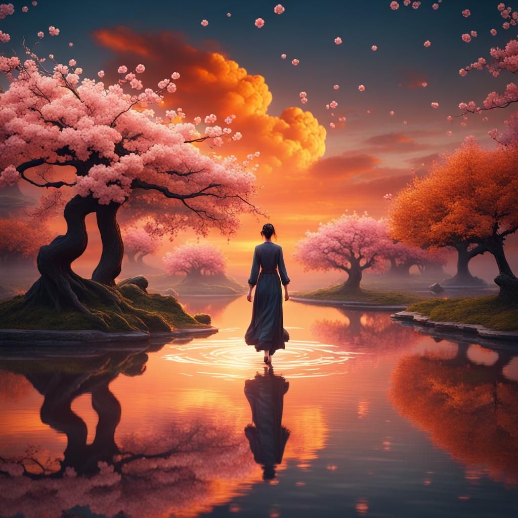 Woman Walks on Pond with Cherry Blossoms