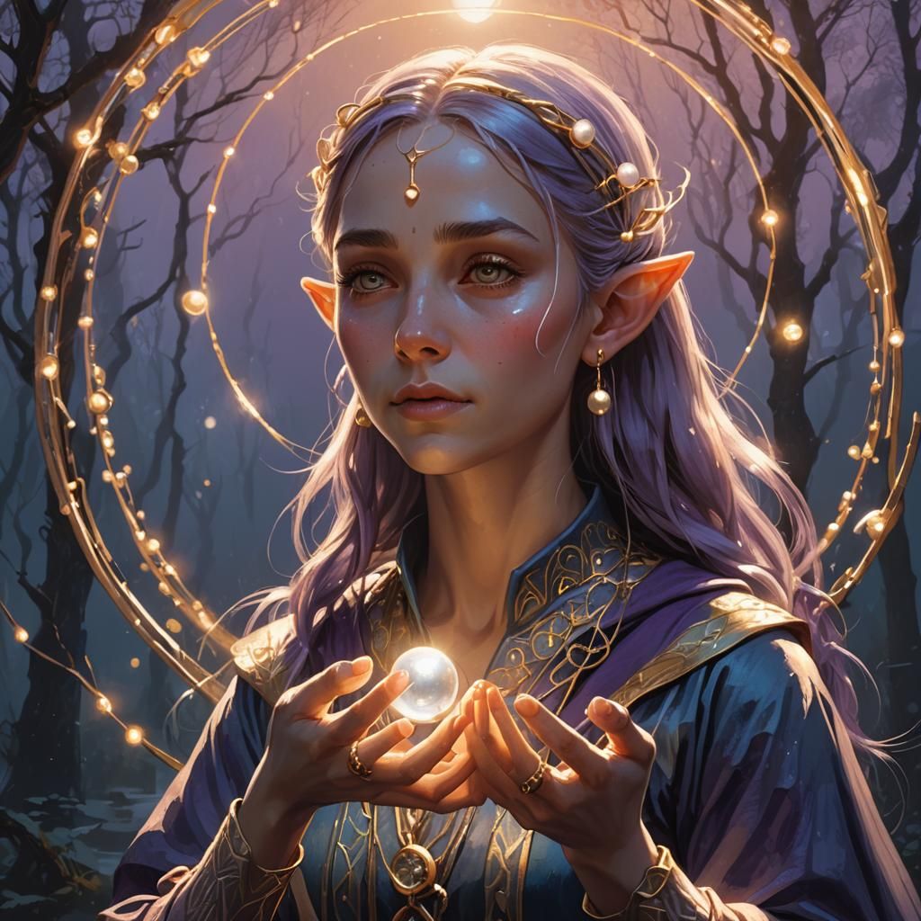 Elf with Shining Orb in Atmospheric Oil Painting Style
