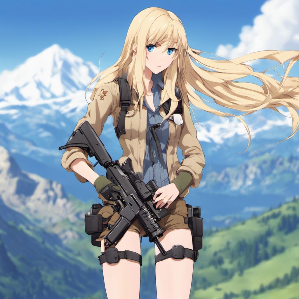 Anime Girl with Machine Gun in the Alps