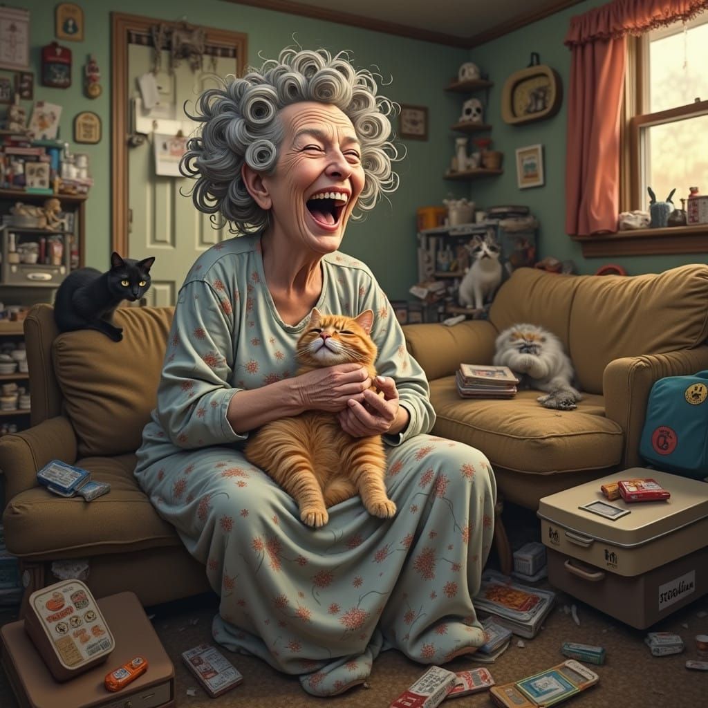 Disheveled Old Lady Surrounded by Cats in a Vintage Trailer....