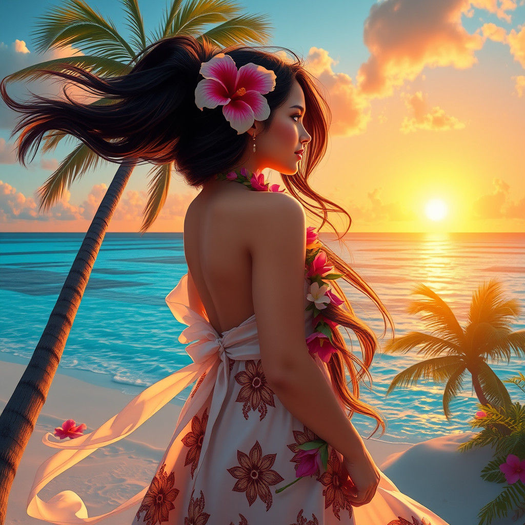 Tropical Island Girl at Sunset in Matte Painting Style