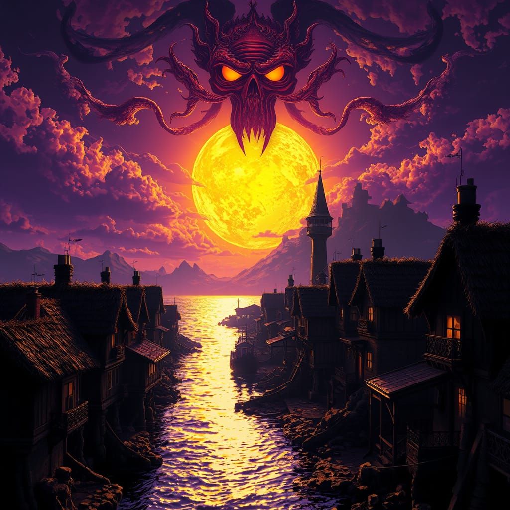 Seaside Village Under Dark Fantasy Sun