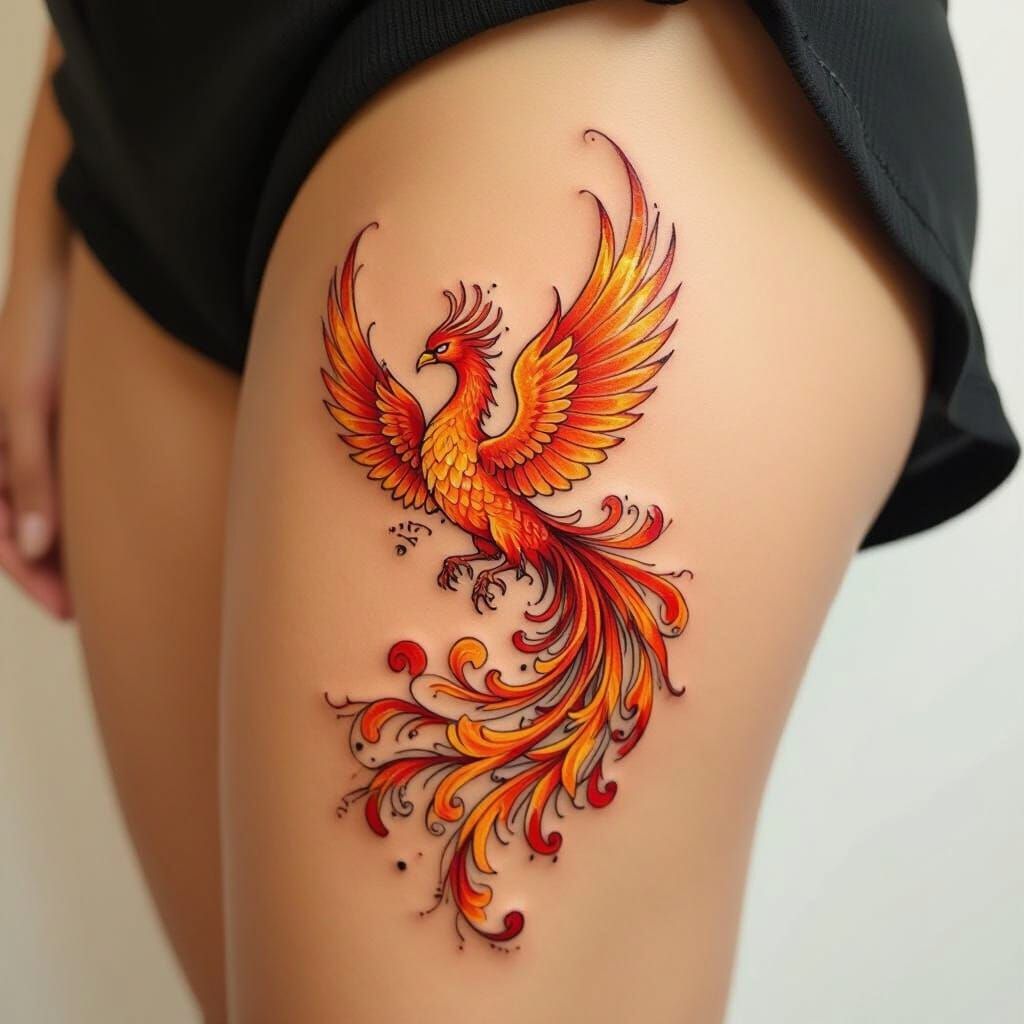 Phoenix Tattoo on Thigh, Fine-Line Art