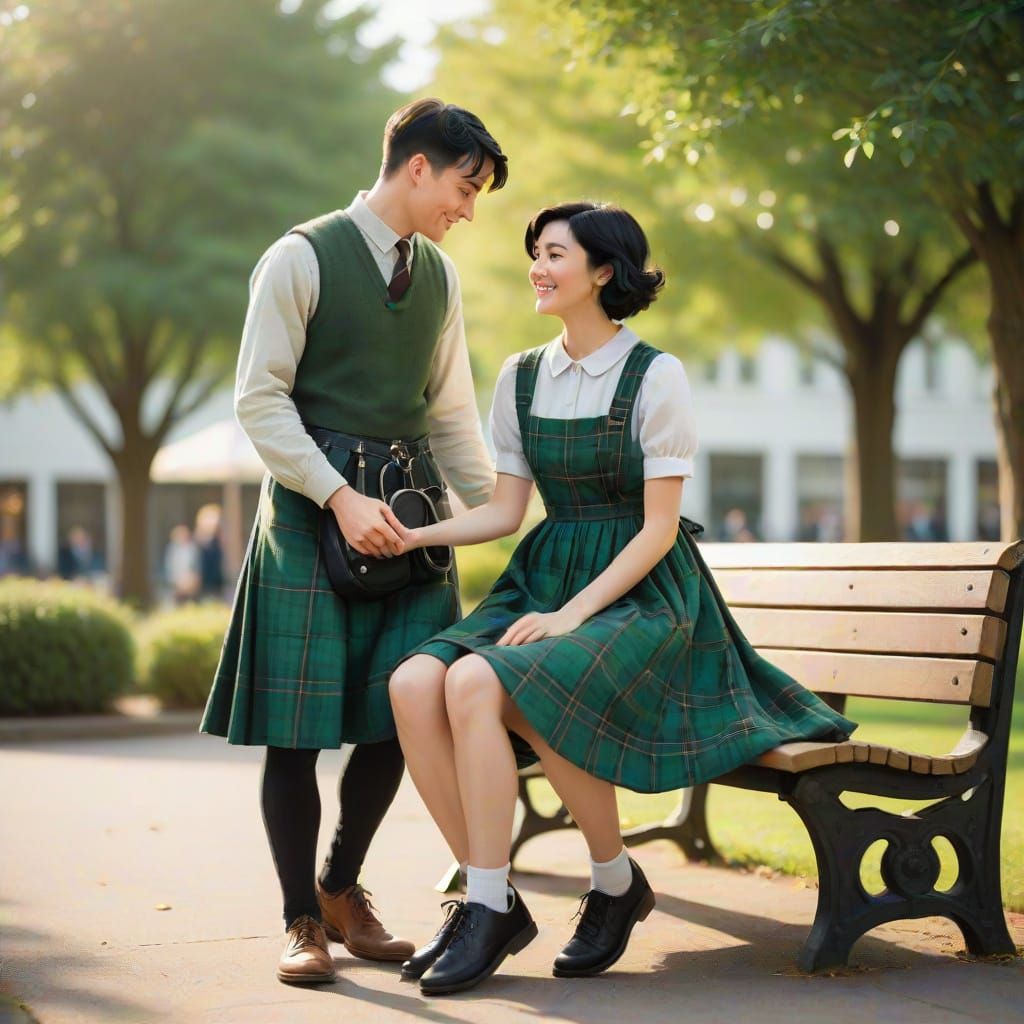 Whimsical Young Couple in Green Pinafore