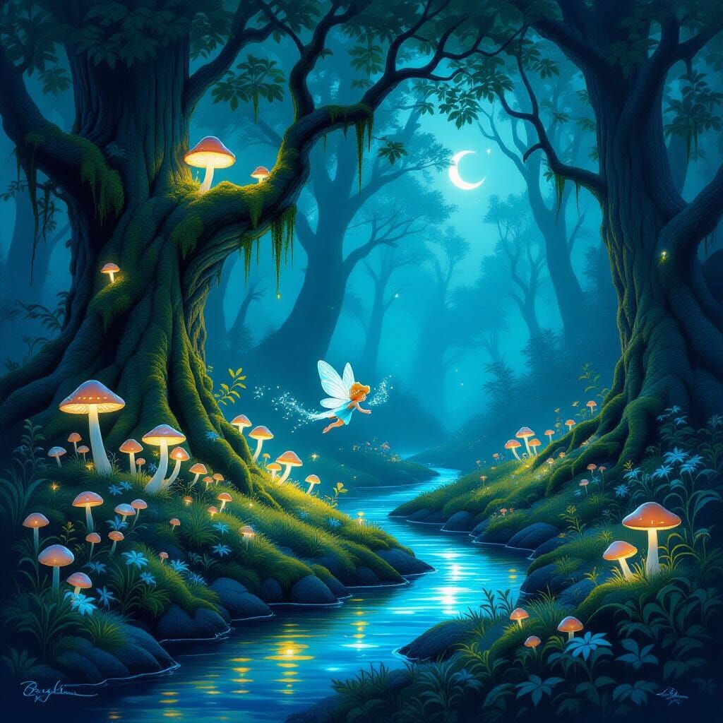 Enchanted Forest Clearing at Twilight with Sprite