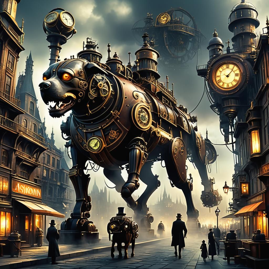 Steampunk City Guardian: Clockwork Dog and Girl