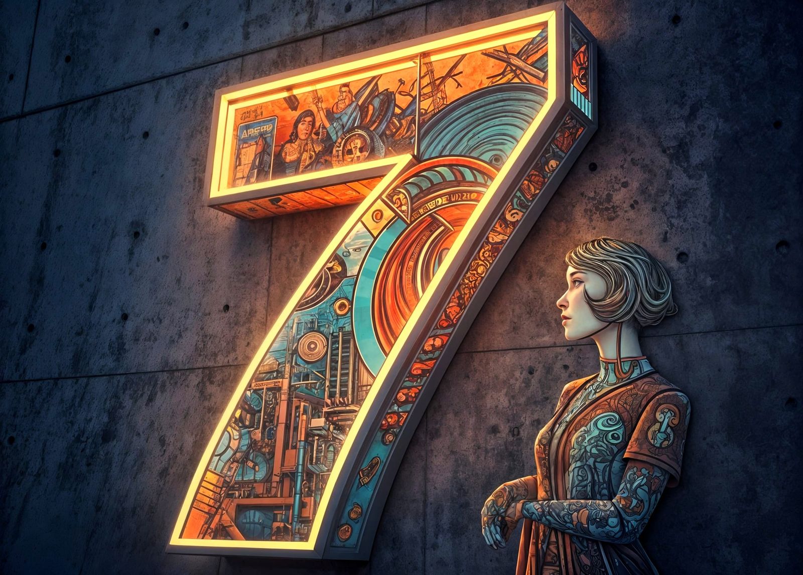 Futuristic Neon Sculpture of Seven