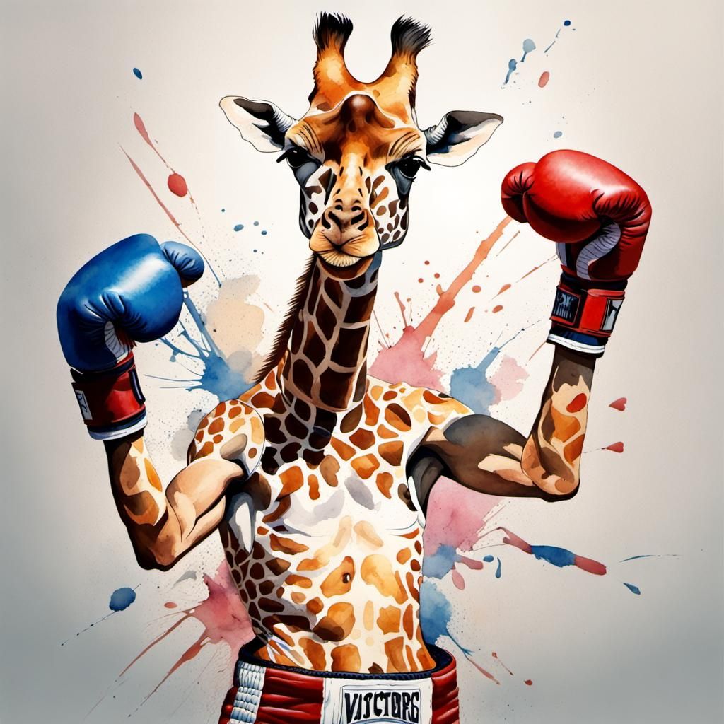 Giraffe Boxer Victory Pose in Watercolor Style