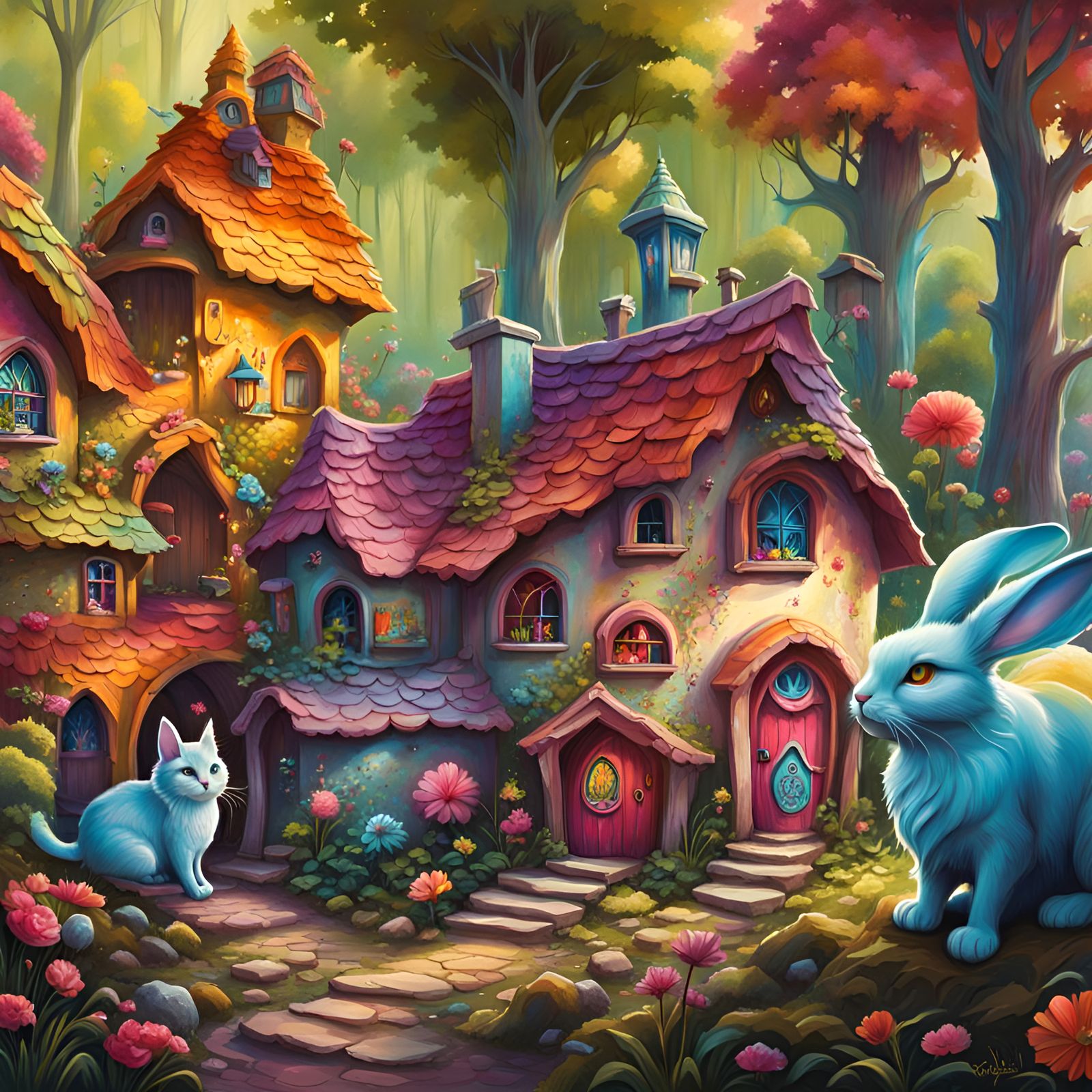 Fantasy cat, fantasy rabbit, fantasy fairy village