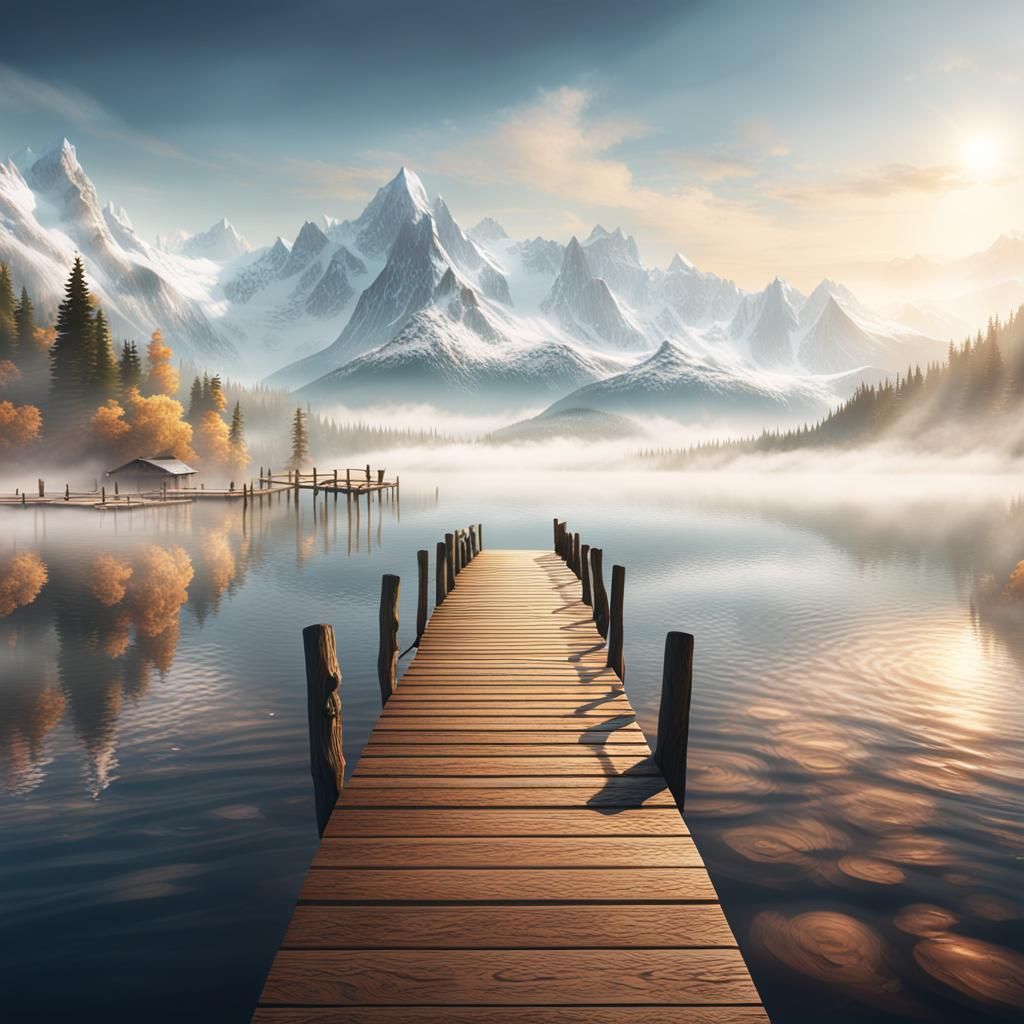Misty Lake Pier: Fantasy Landscape in Digital Art