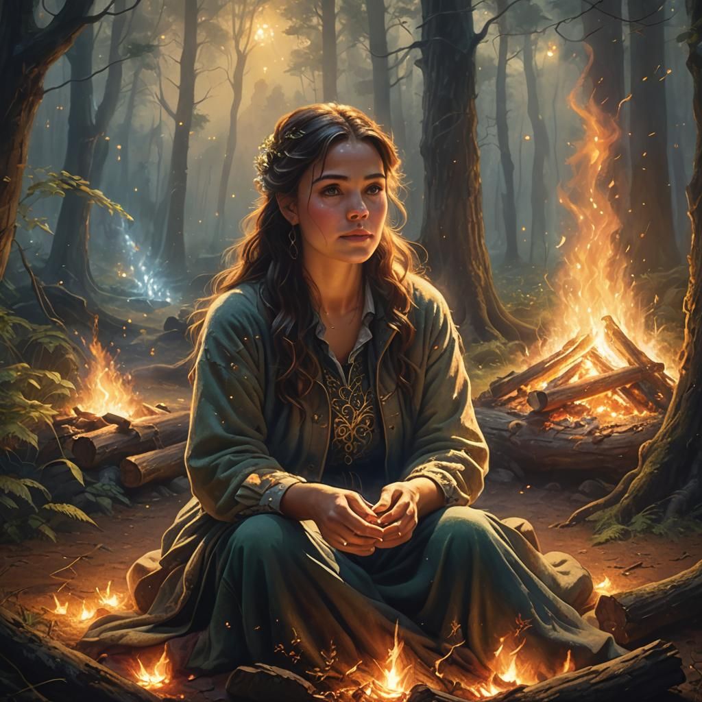 Mystical Forest Scene with Firelight in Magical Realism