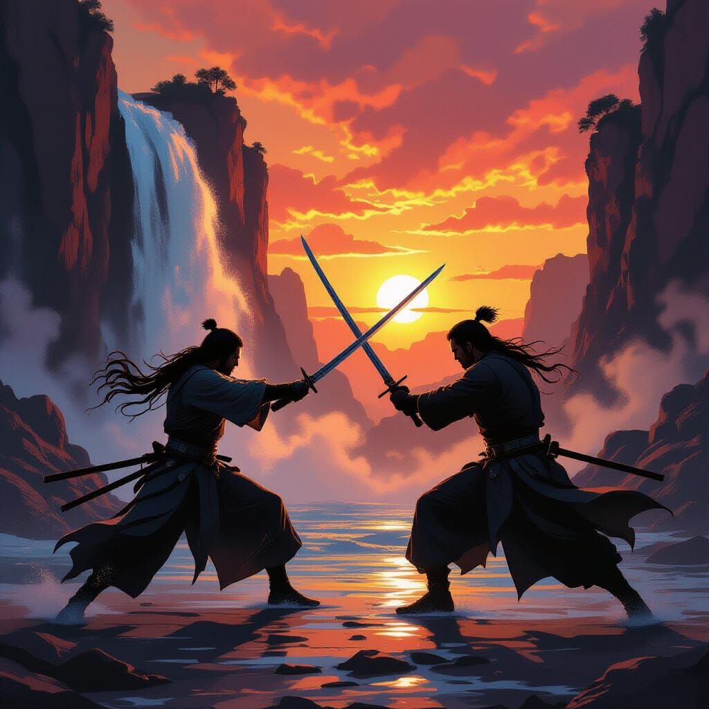 Epic Fantasy Swordsmen Sparring at Sunset with Waterfall