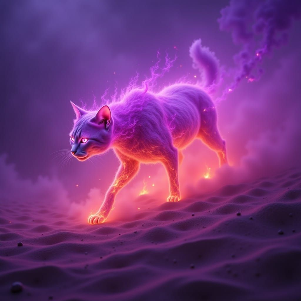 Purple Fire Cat Sculpture Emerges from Vortex