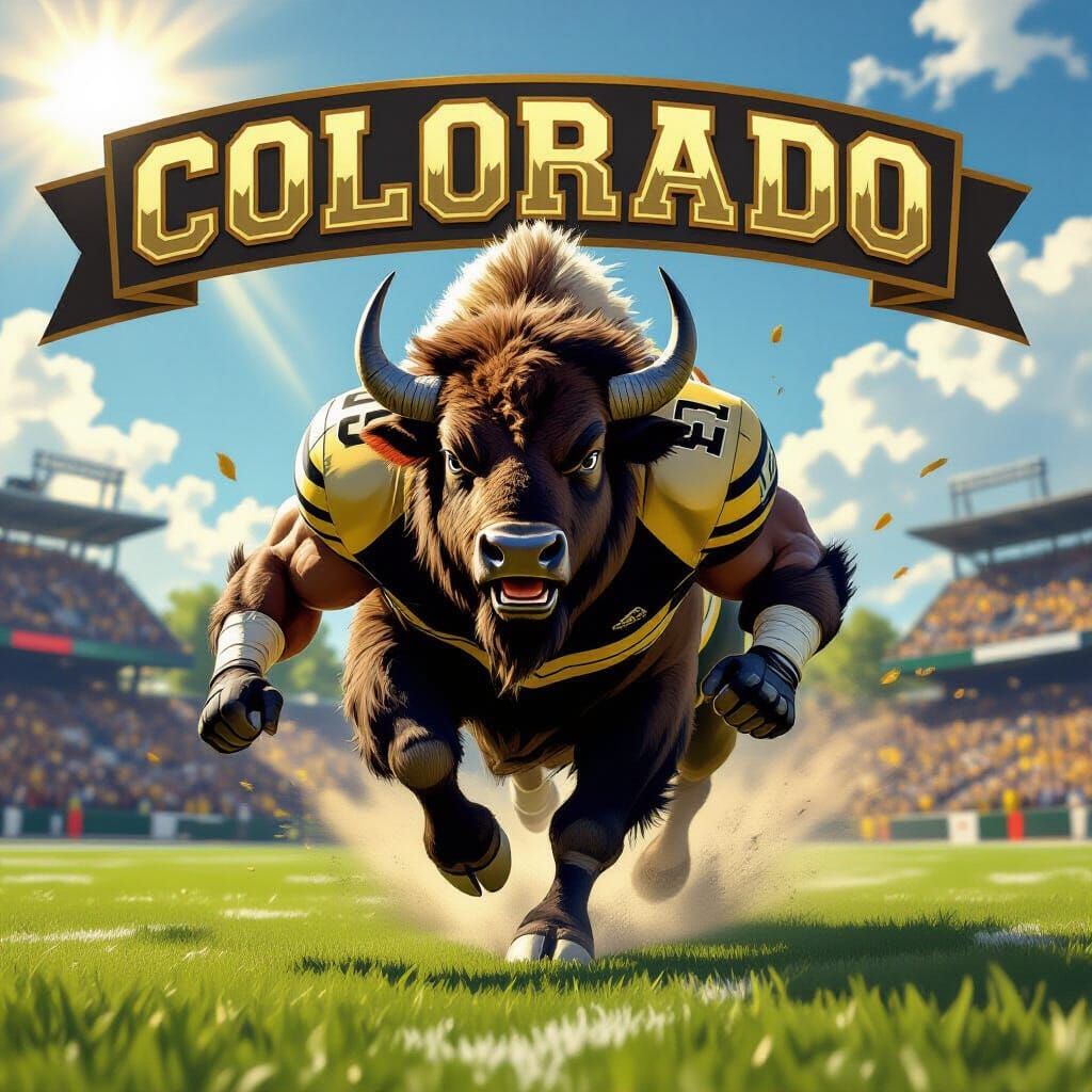 Powerful Buffalo Charging in Gold and Black Football Uniform