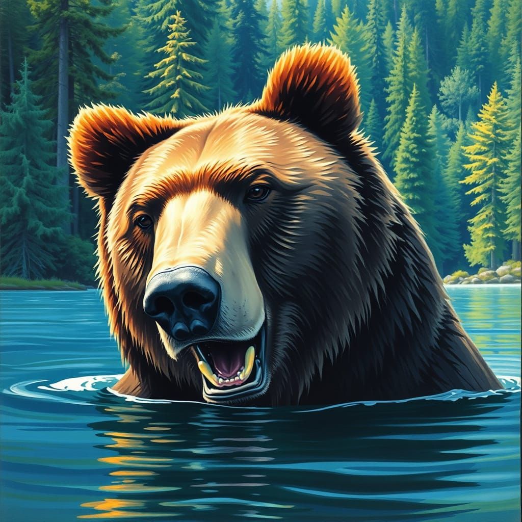 A powerful grizzly bear head peeking out of the water in the Great Bear Rainforest in British Columbia. The rainforest i...