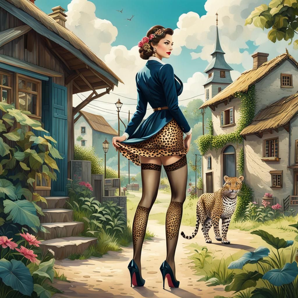 Lady wearing stockings and heels with a leopard in a rural town