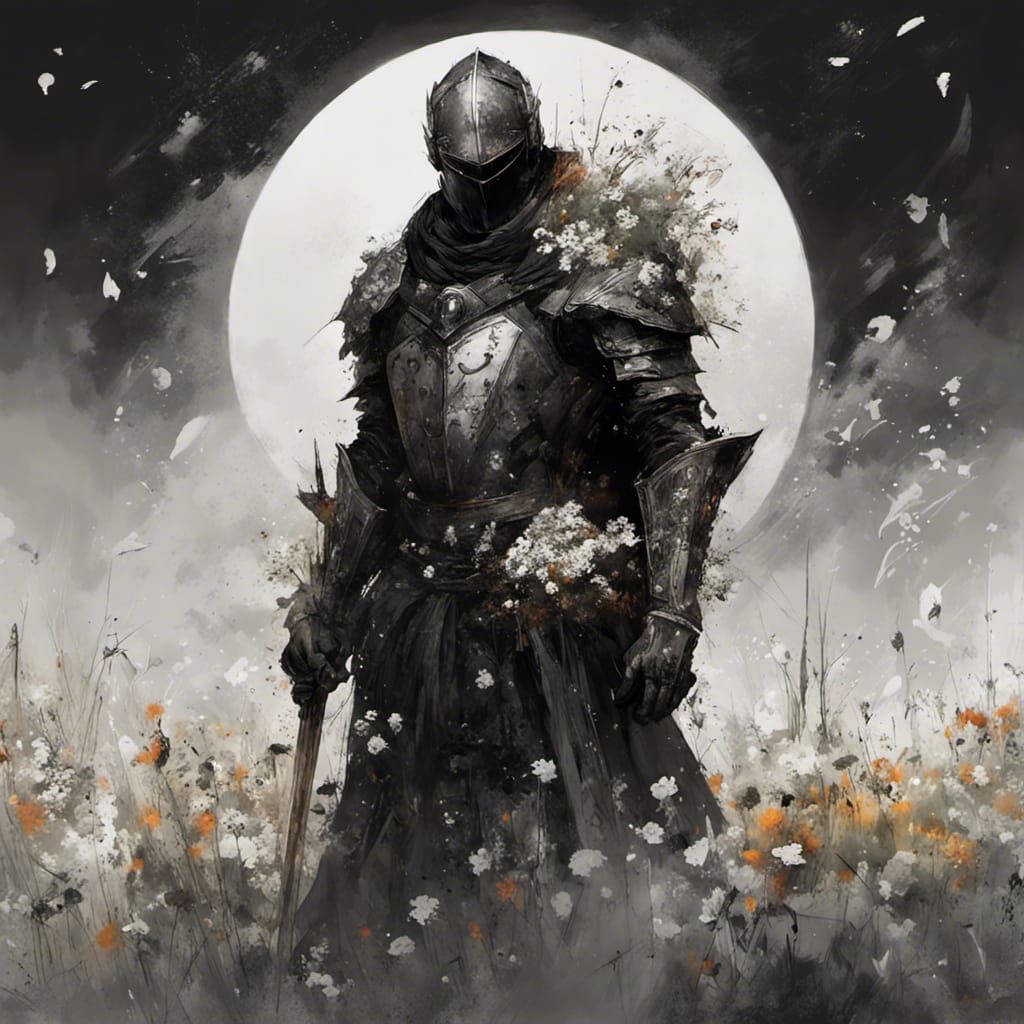 Gothic Knight Under Dark Eclipse in Snowy Meadow