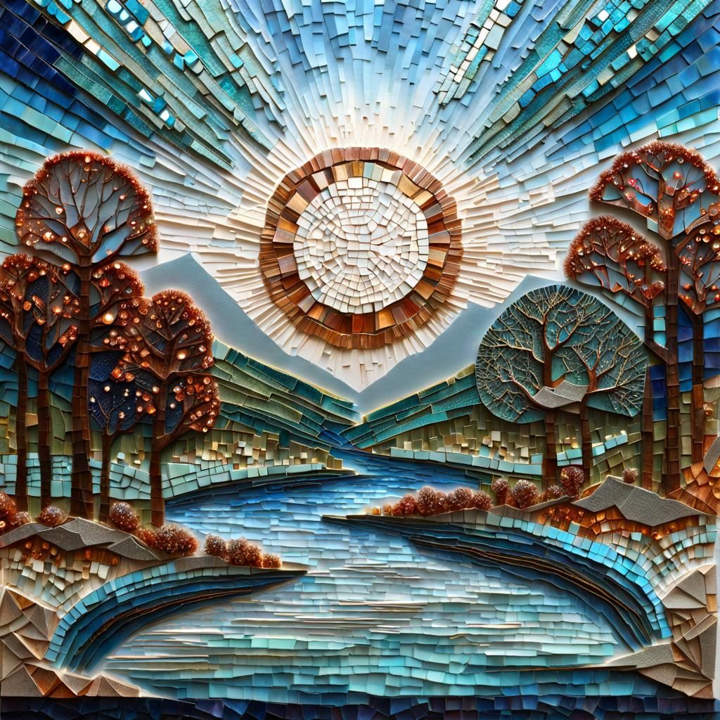 Mixed Media Landscape: Mosaic River with Jewel Details