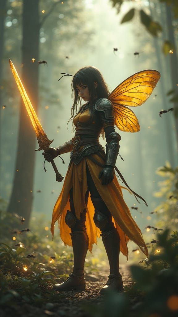 Anime Bee Warrior Faces Ant Swarm in Forest