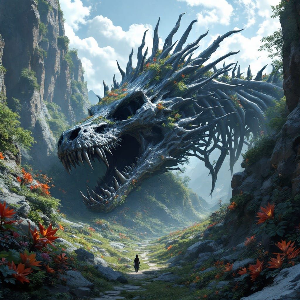 Majestic Dragon Skeleton Dominates Fantastical Valley