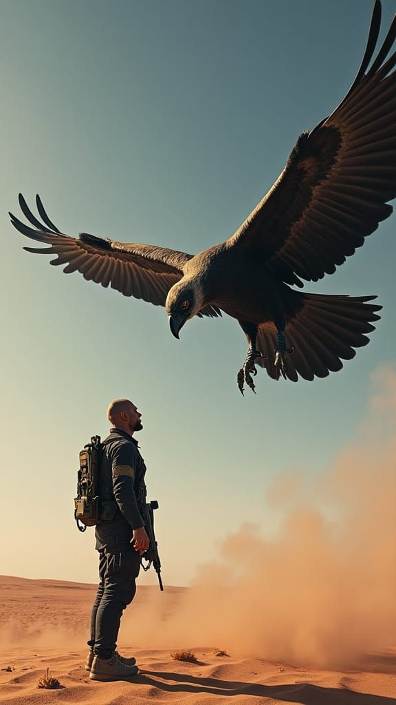 Vulture Circling Navy SEAL in Dramatic Desert