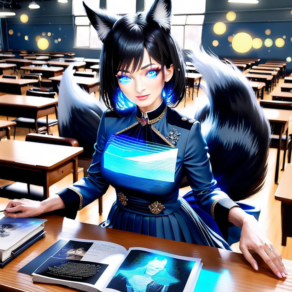 Kitsune Teacher in Holographic Aetherpunk Style