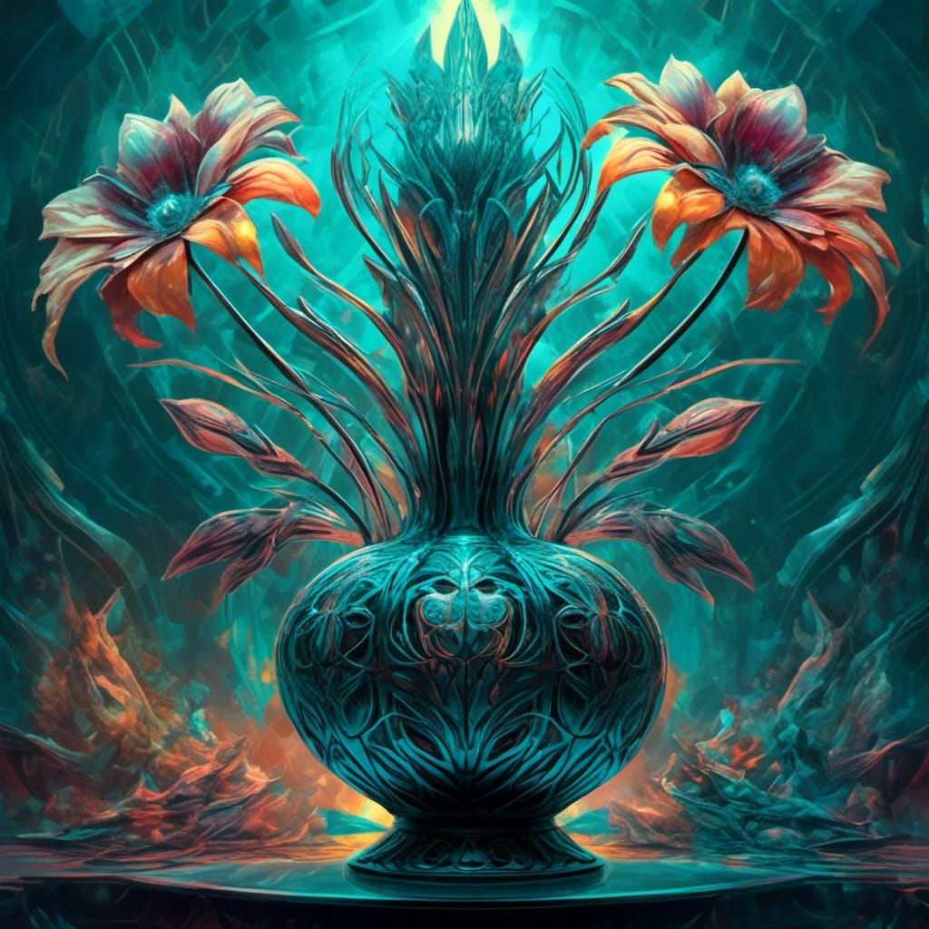 Impressionist Vase of Alien Flowers in Tetradic Colors