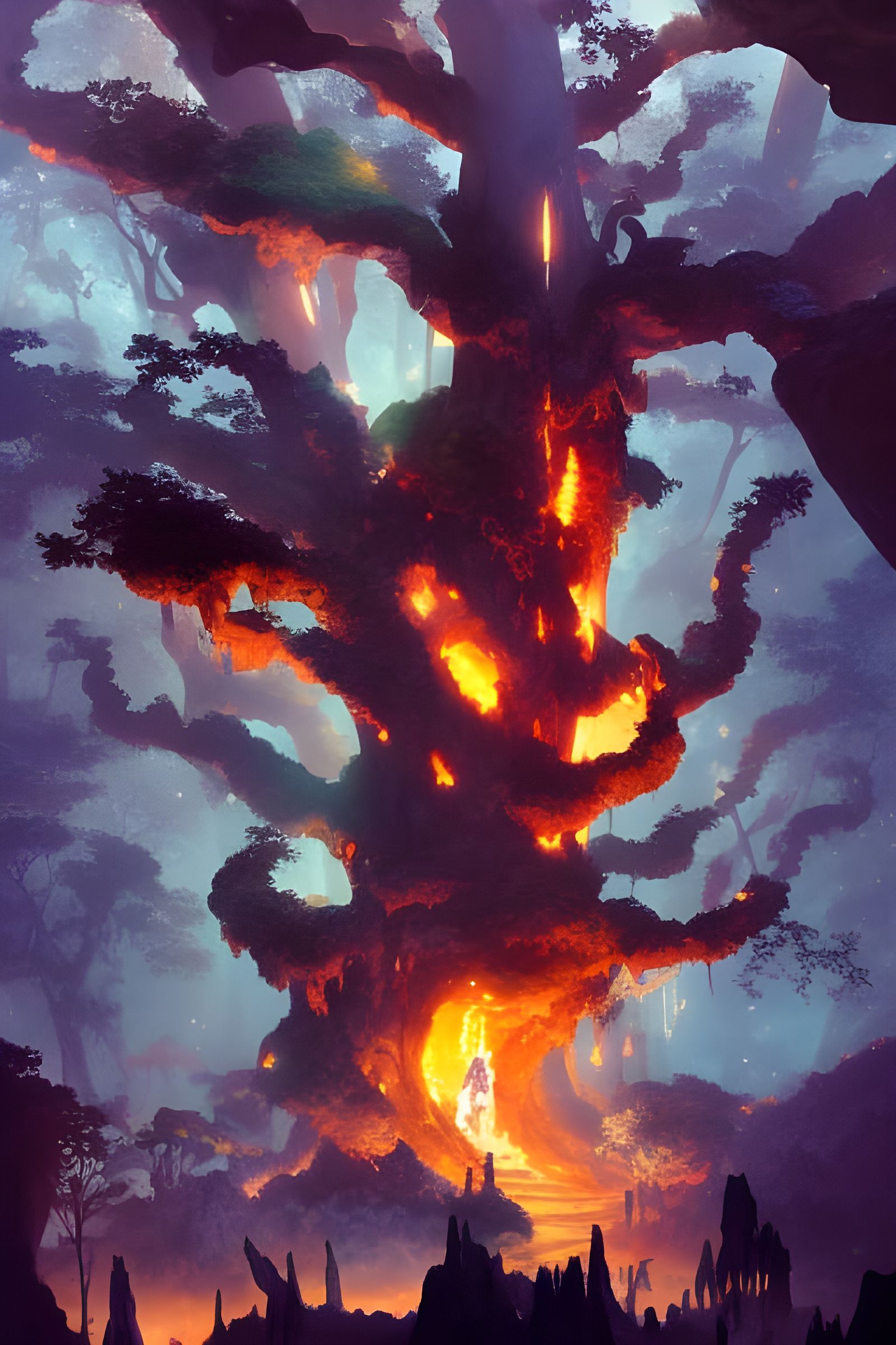 Burning Tree Cave: Anime Matte Painting