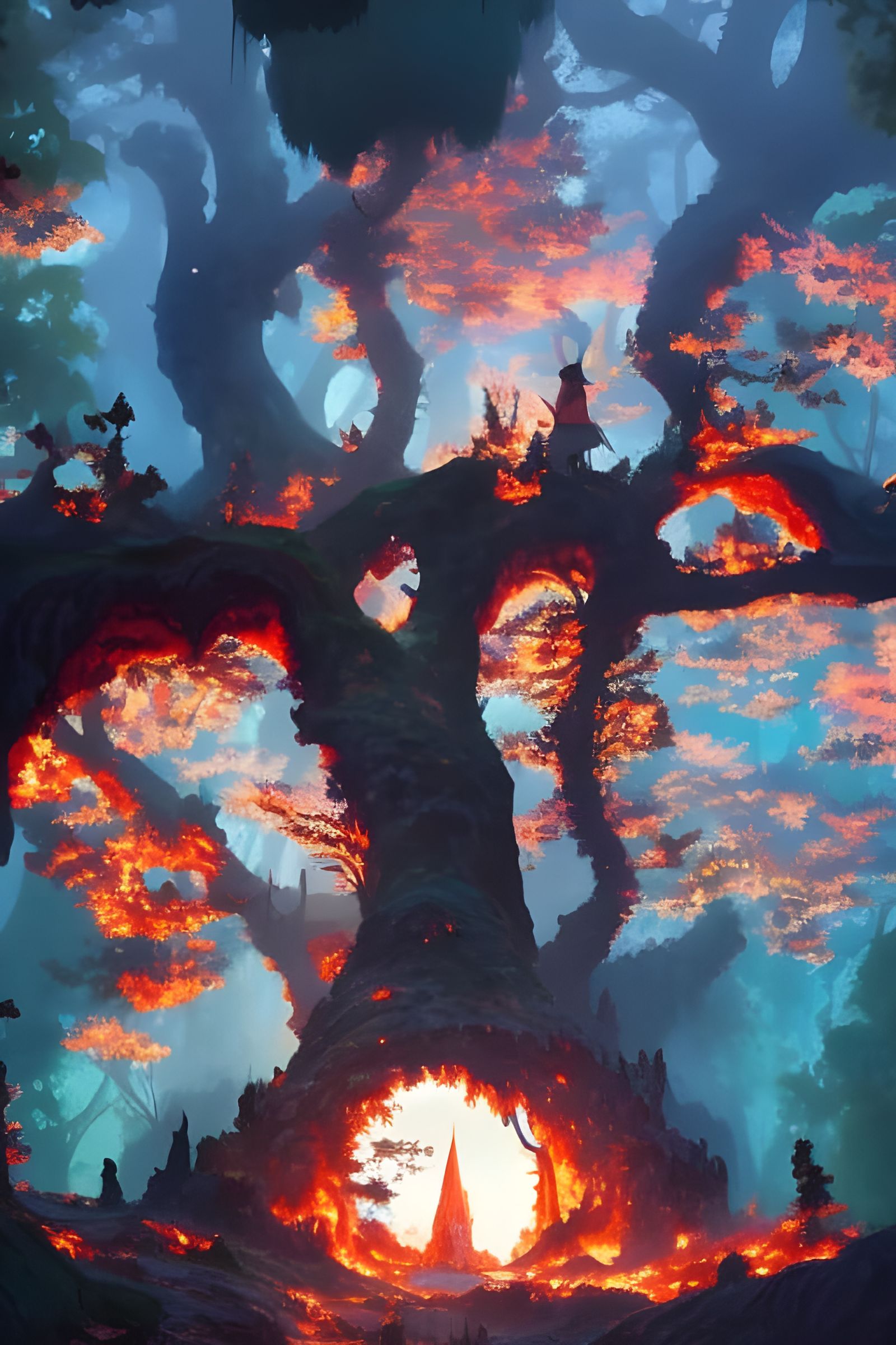 Anime Burning Tree Cave: Magical Matte Painting