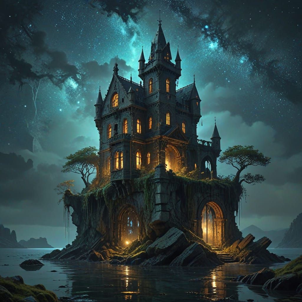Decaying Castle on Floating Island in Starry Sea