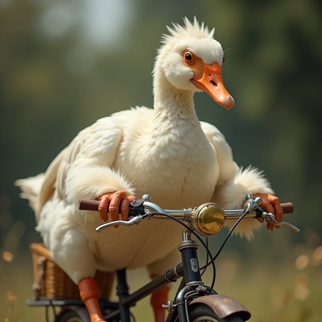 African Goose Rides Vintage Bicycle in Photorealistic Style