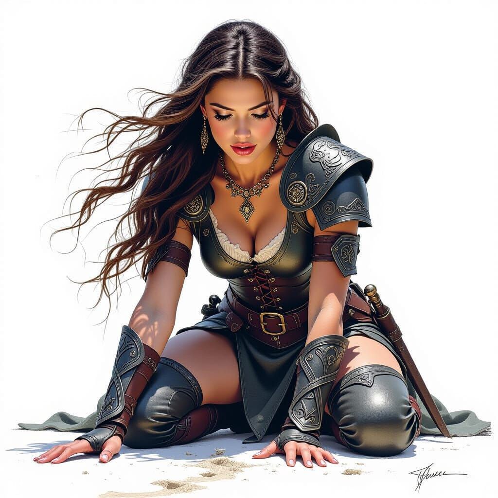 Pencil Sketch of Pretty Warrior Woman in Celtic Armor