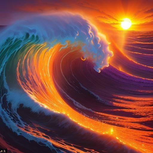 Sunset Wave Collides with Glowing Sun