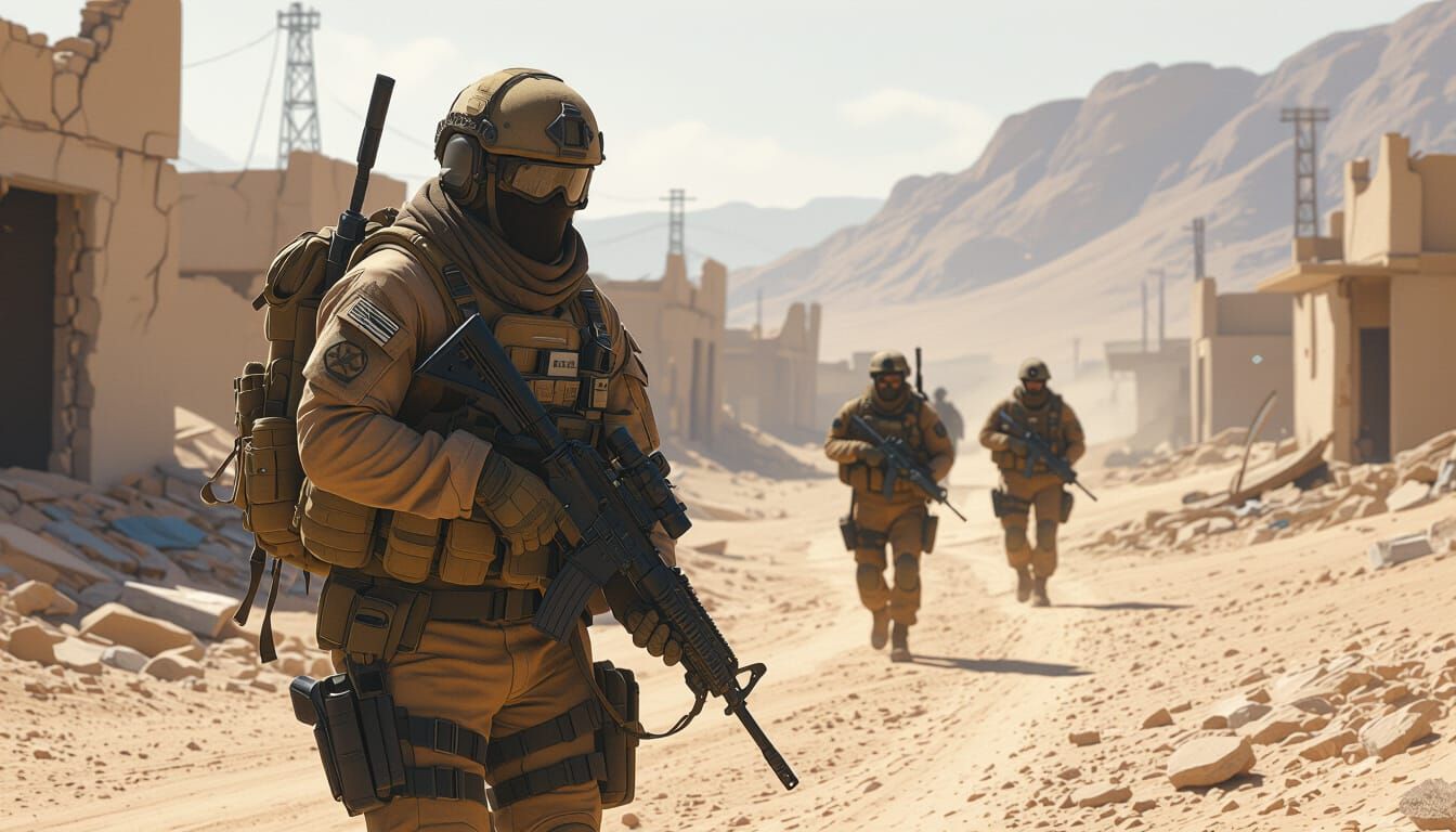 Special Forces in Desert War Zone, Photorealistic Style