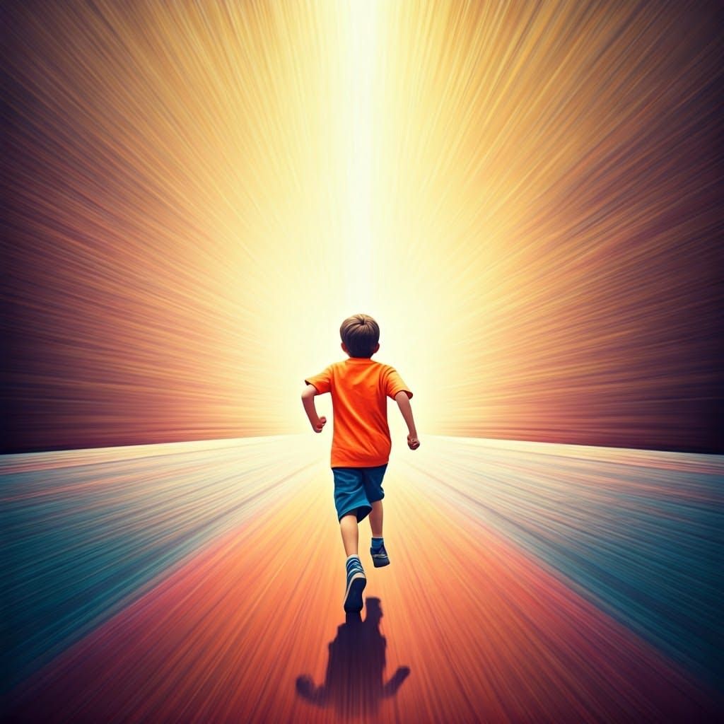 Determined Young Boy Runs on a Kaleidoscopic Dreamscape