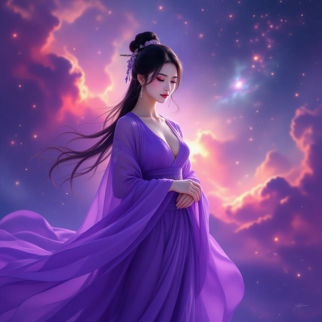 Ethereal Chinese Woman Amidst Cosmic Nebula