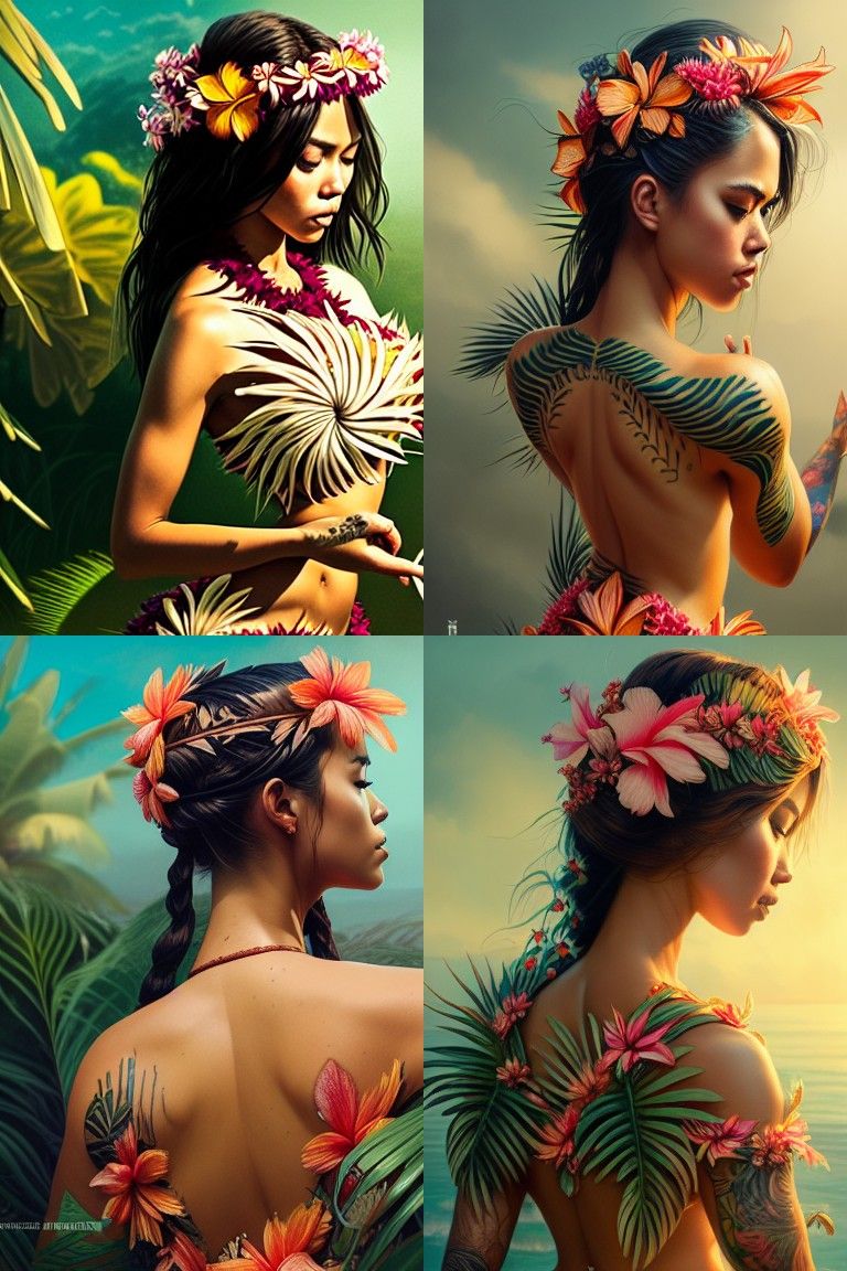Beautiful Hawaiian Girl in Hula Outfit, Digital Art