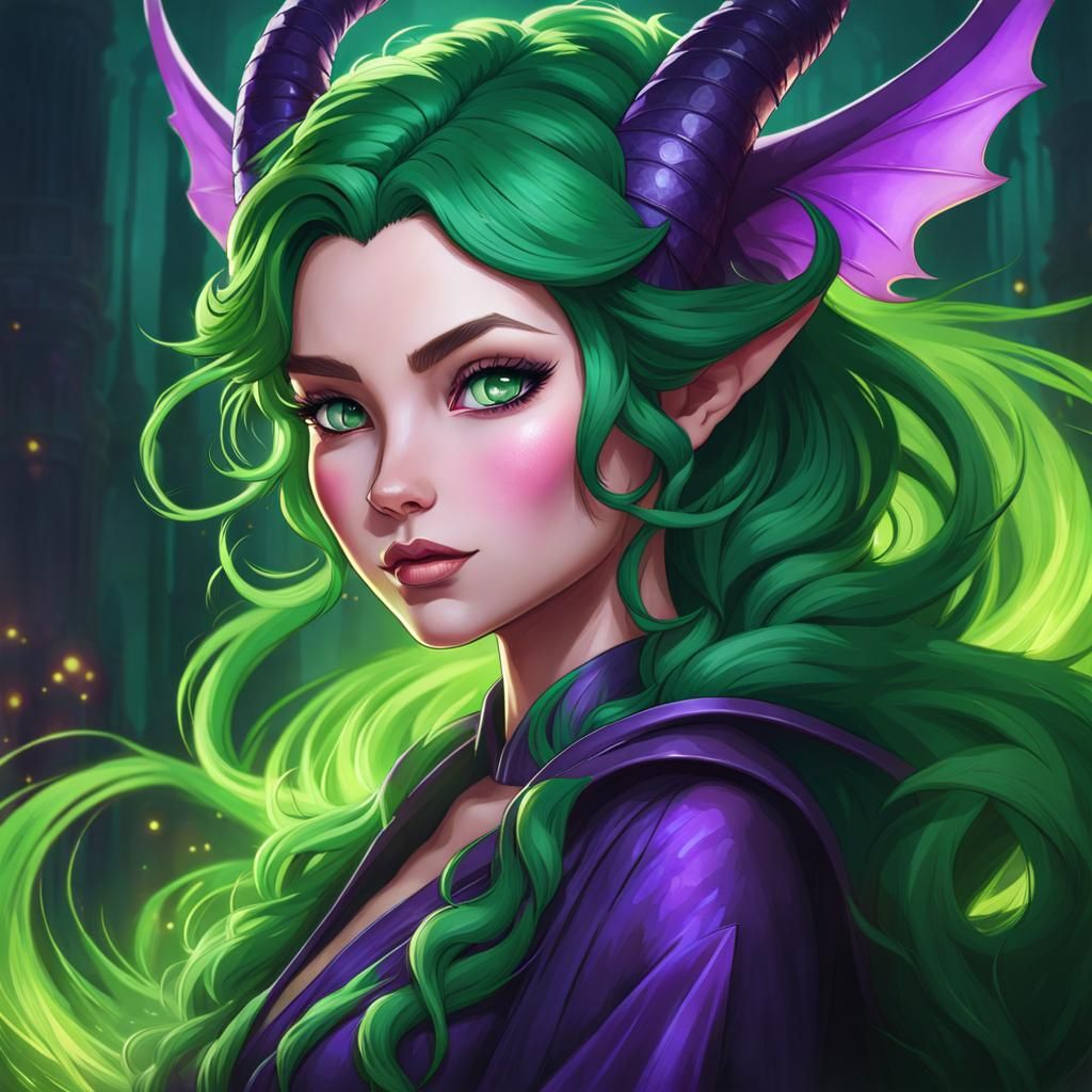 Chibi Maleficent Portrait with Dragon, Detailed Digital Art
