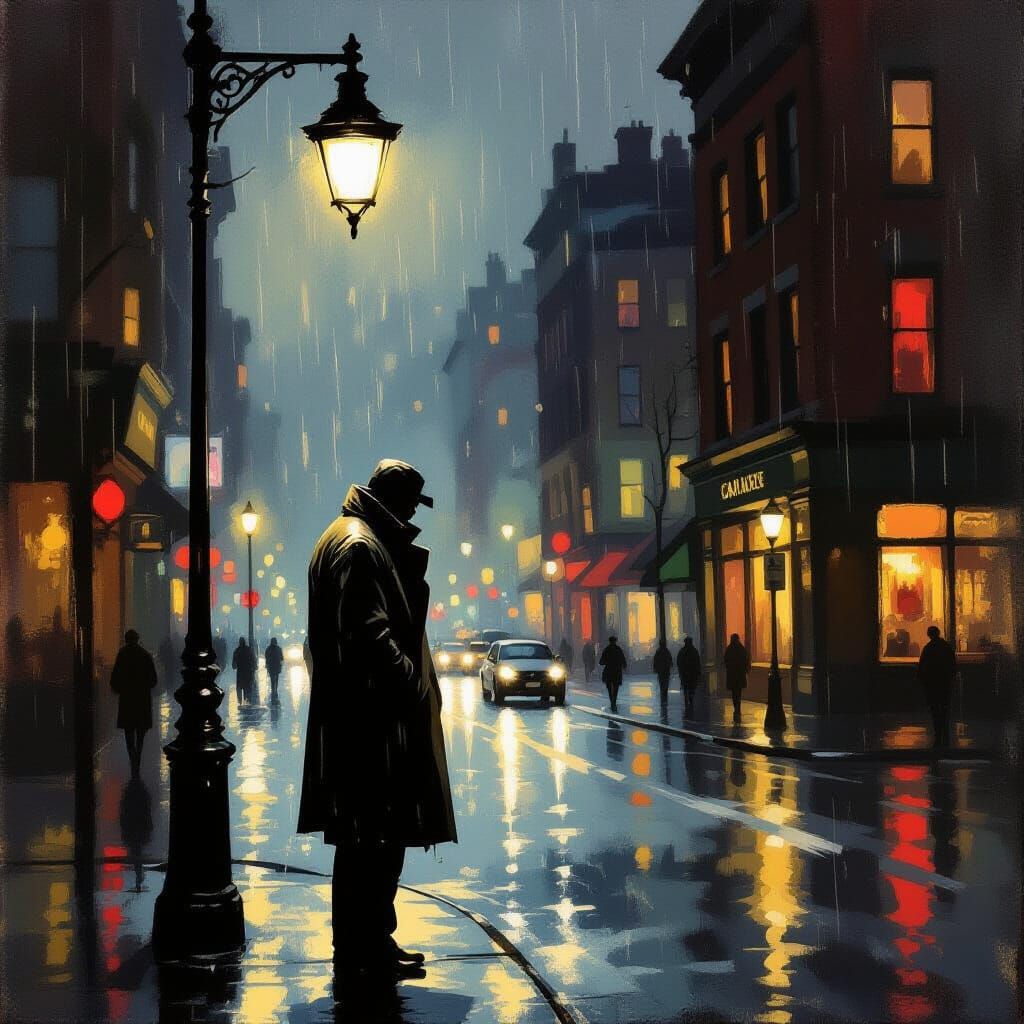 Melancholy Man Under Streetlight on Rainy City Street