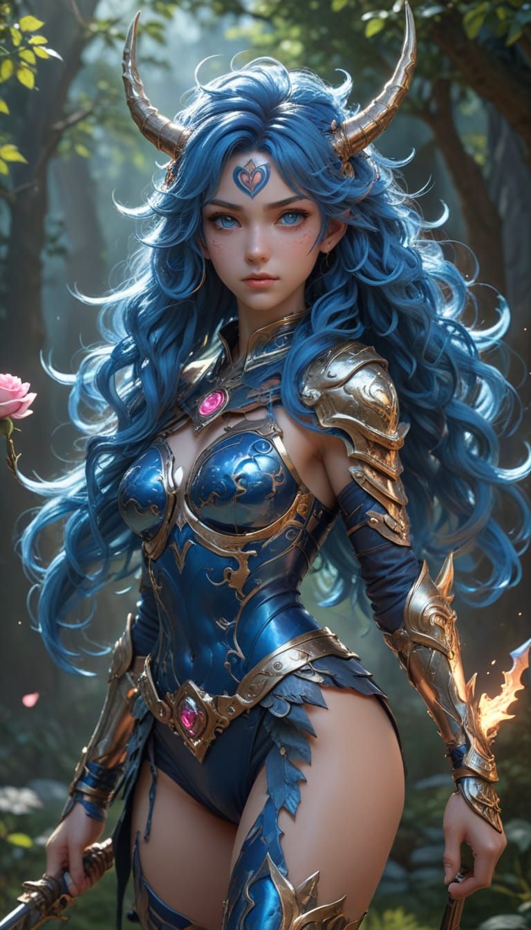 Majestic Alien Warrior in Vibrant Blue and Pink Tribal Marki...