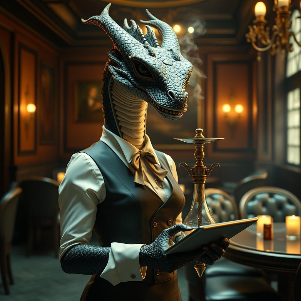 Victorian Dragonborn Waitress Serving Hookah