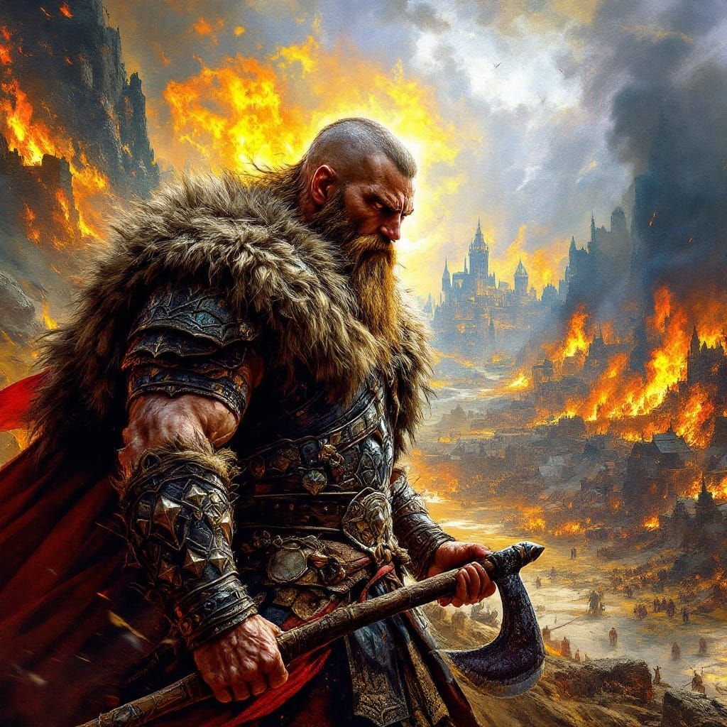 Viking Warrior Invades Burning Village in Hyperrealistic Art