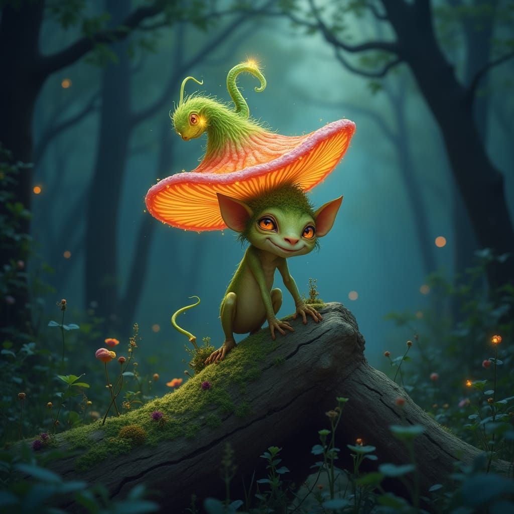 Whimsical Gremlin with Bioluminescent Mushroom Crown