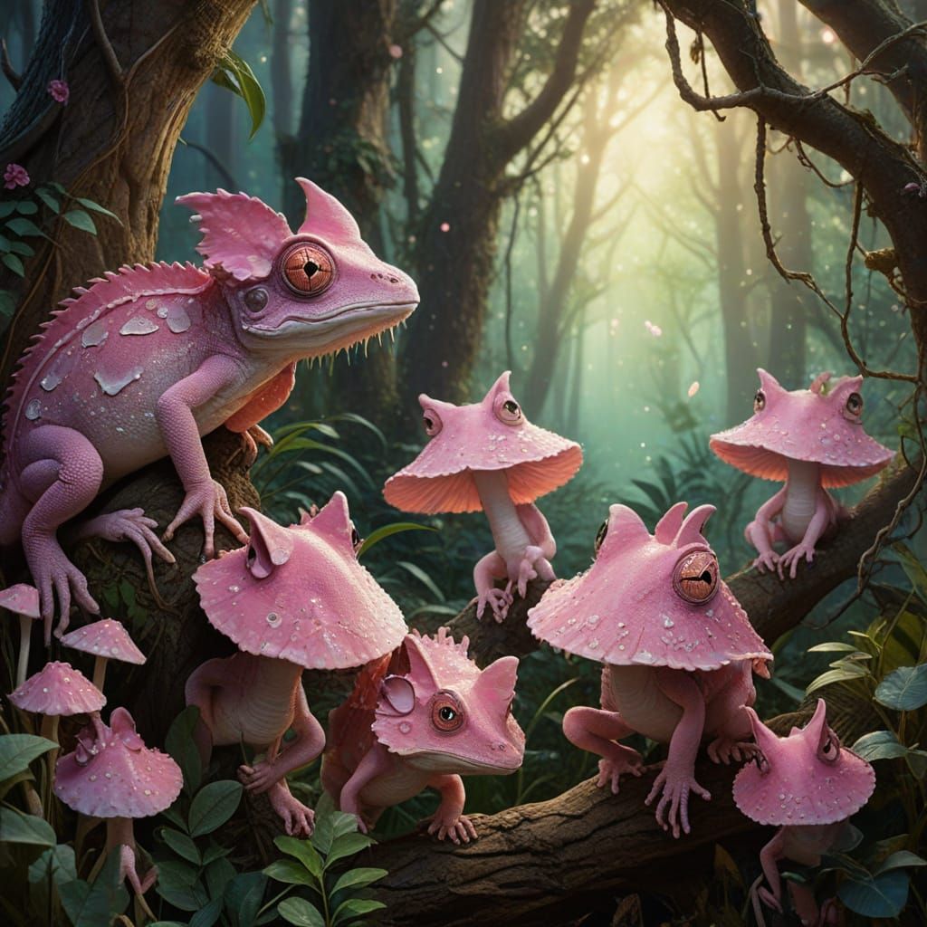 Fantasy Chameleons in a Whimsical Forest Scene