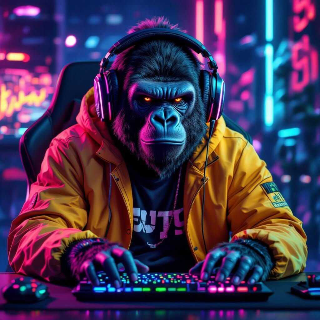 Gorilla Gamer in Futuristic Neon Cyberpunk Style