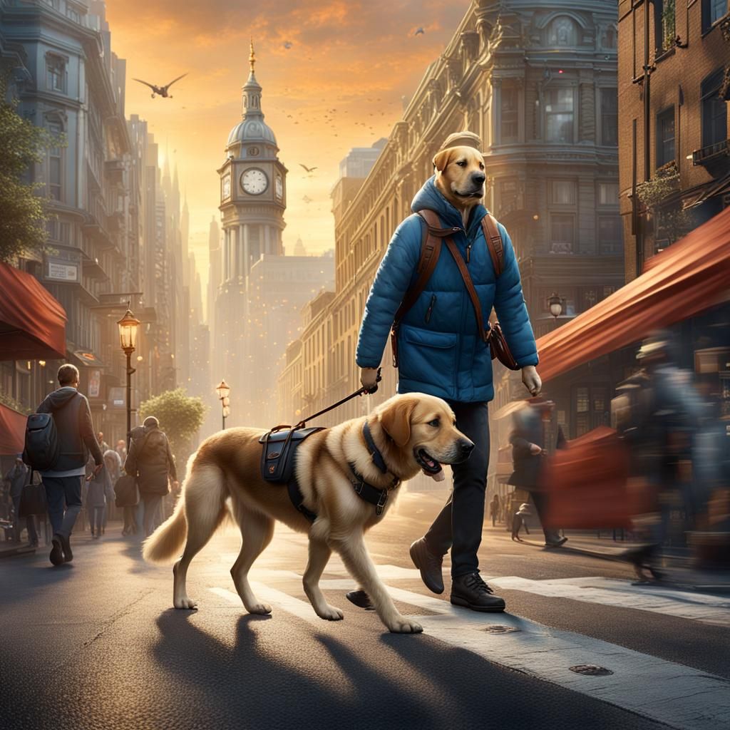 Loyal Guide Dog Navigates Bustling City Street