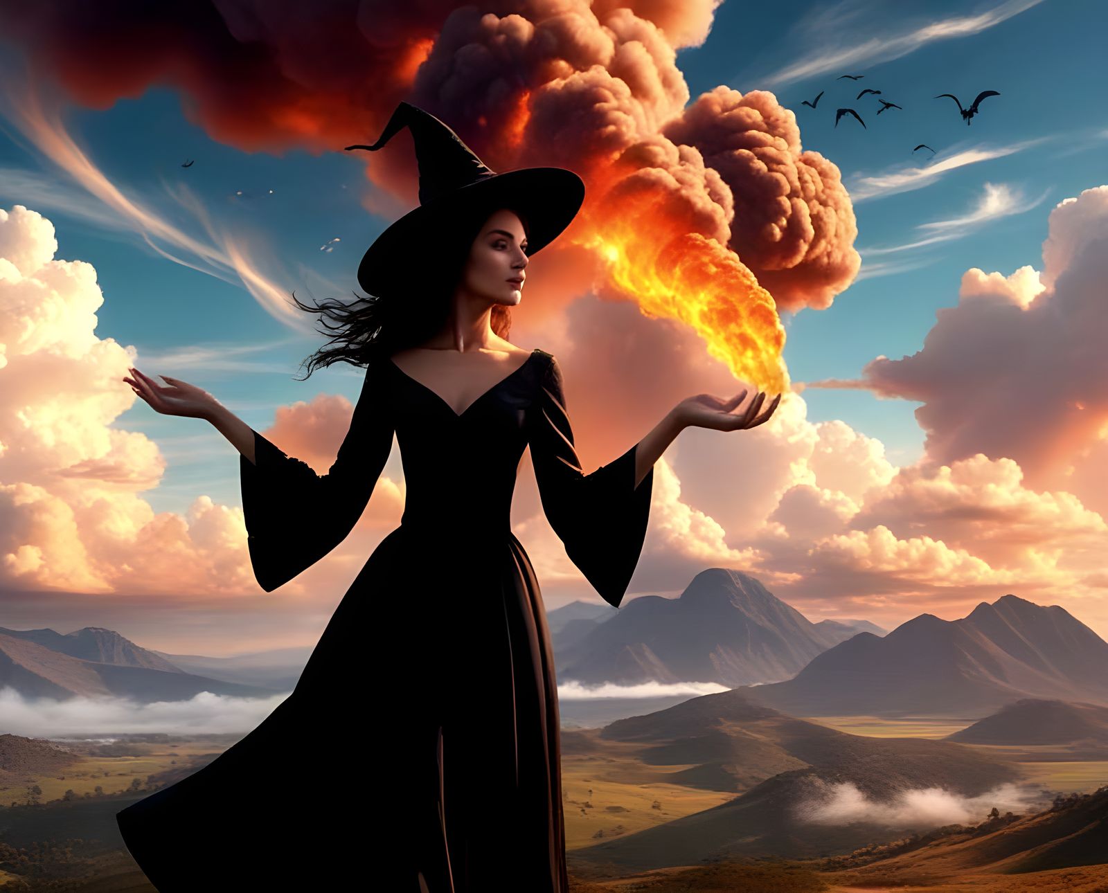 Surreal Fire Sorceress Soars Amidst Burning Hills